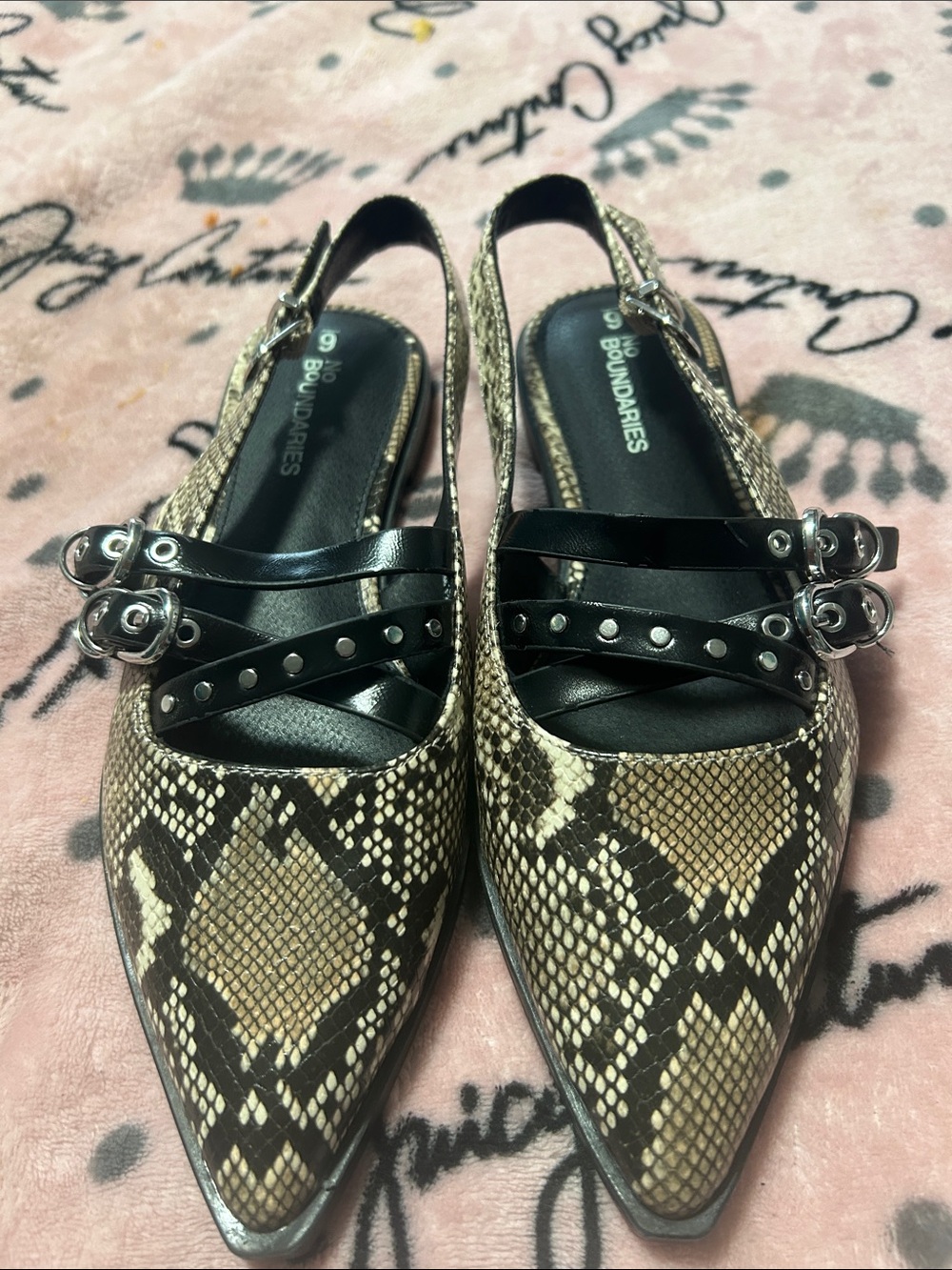 No Boundaries Brown Snake-Print Pointed Slingback Mules Size 6 NWOT